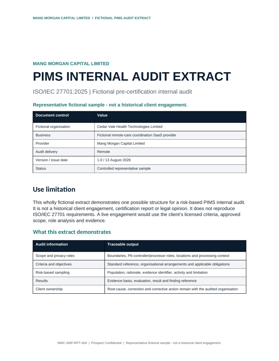 Cover of the fictional PIMS internal-audit extract